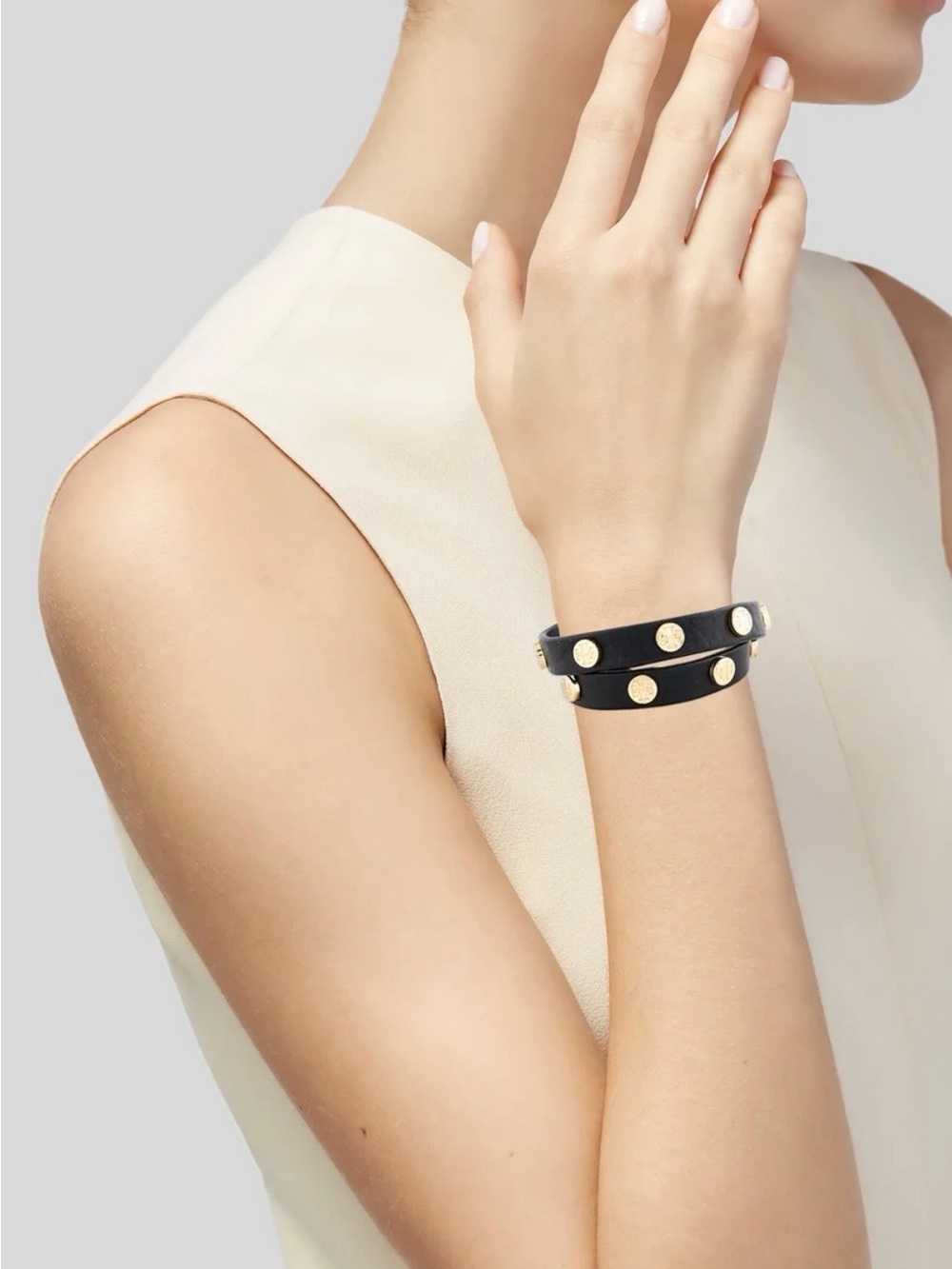 Tory Burch Black Leather Double Wrap Logo Stud Bracelet